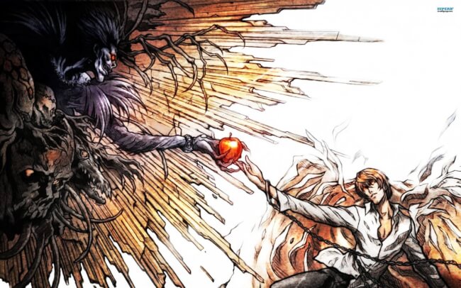 pintura de light yagami entregando maçã ao shinigami ryuk de death note