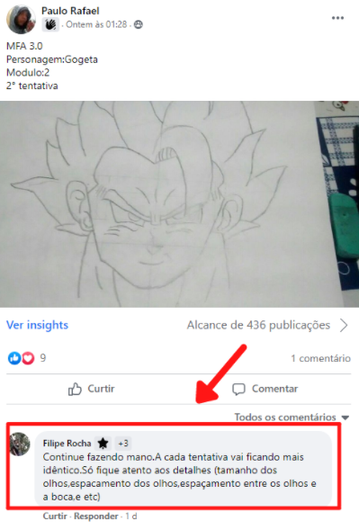 aluno compartilhando seu desenho na comunidade fanart no facebook